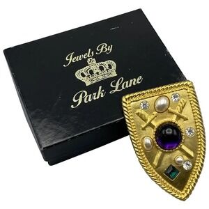 Vintage Park Lane Heraldic Shield Sword Pin Brooch Large Gold Tone 2.5in Stones